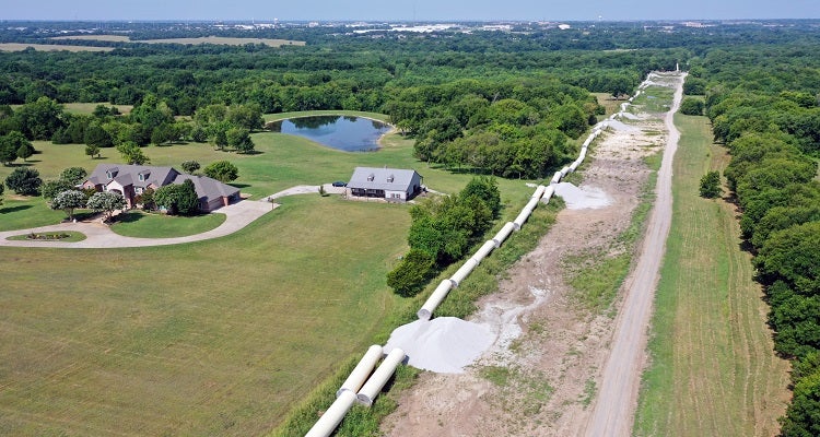 Aerial of Bois d'Arc Lake treated water pipeline in Wylie, Texas