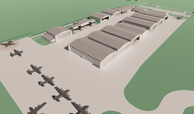 rendering of buildings and planes