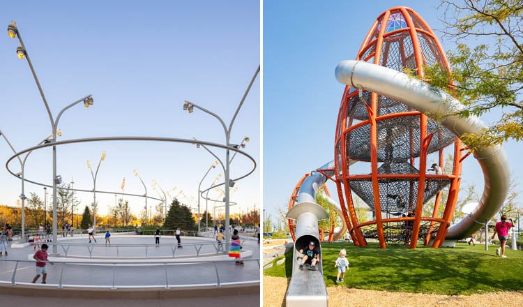 A skating ribbon at Heartland of America Park and a Jungle Gym Slide at the Lewis and Clark Landing