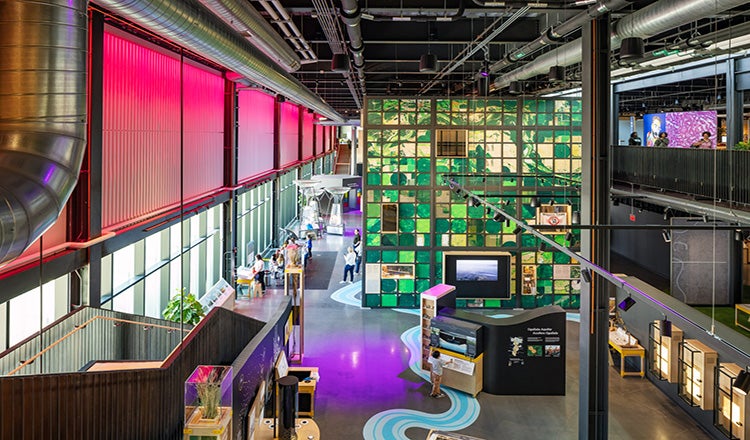 Interior view of Kiewit Luminarium exhibit space from second floor vantage point