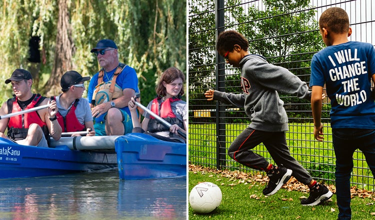 Campers in a kayak and two boys playing football