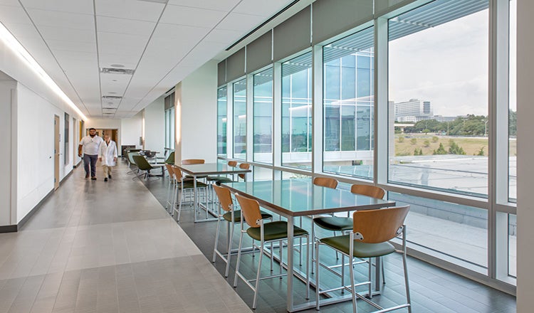 UTSW Simulation Center Hallway with Seating Overlooking Windows