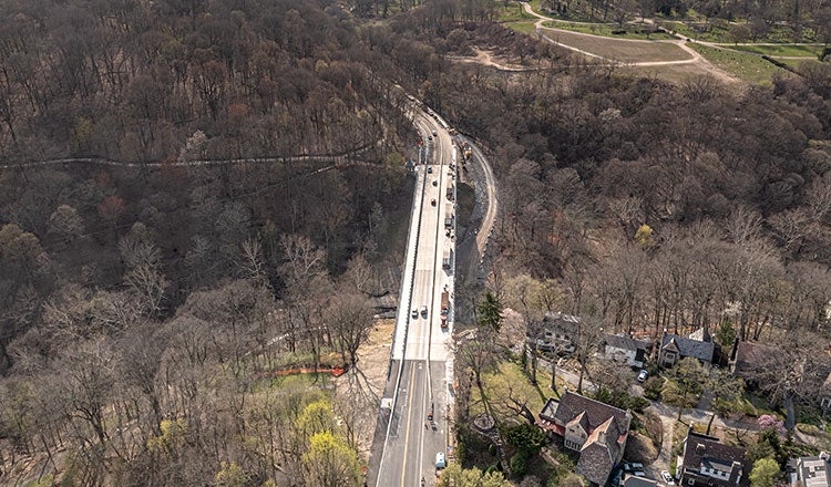 Aerial view of Fern Hollow Bridge Replacement project outside of Pittsburgh, PA.