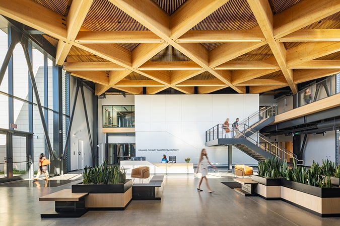 architectural photograph of the lobby within Orange County Sanitation District Headquarters Complex