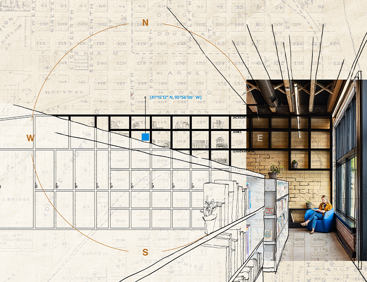 Collage with hand drawn sketch of Omaha Downtown Branch library stacks guiding visual focus toward a back feature wall with custom library shelves arranged in the grid of downtown Omaha. 