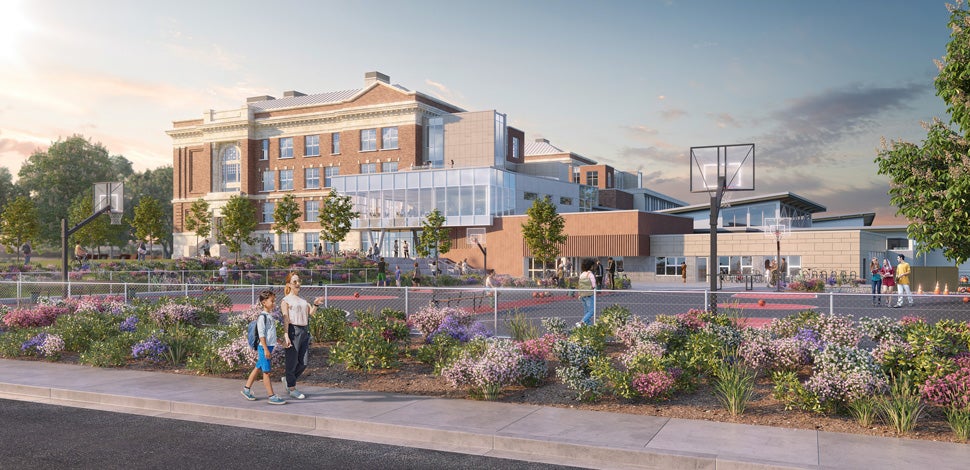 Architectural rendering of two people walking by a high school, with plants and flowers planted around the perimeter of the school along the sidwalk