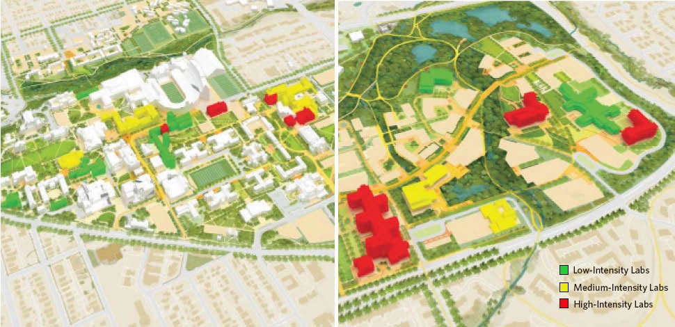 Color-coded map renderings of the east and west campuses at University of Colorado Boulder