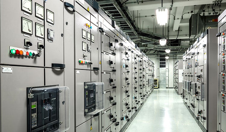 Electrical controls in a corridor.