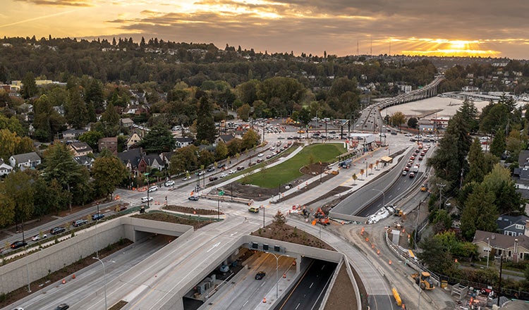 Montlake Lid with sunset in background