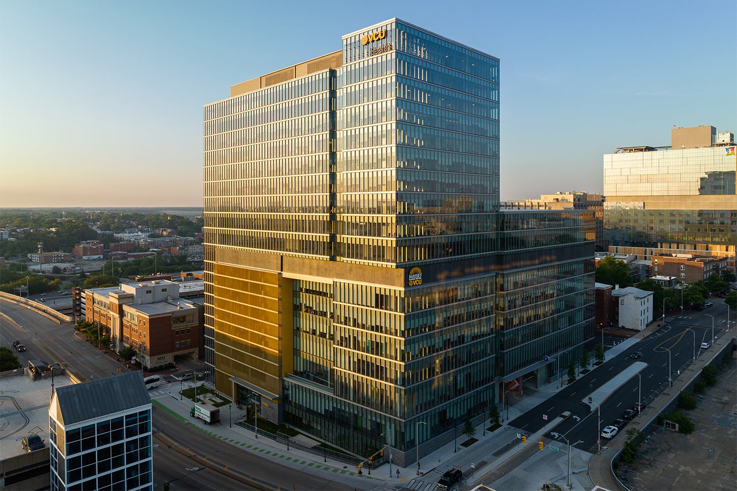 Aerial view of the VCU Health Adult Outpatient Center in Richmond Virginia