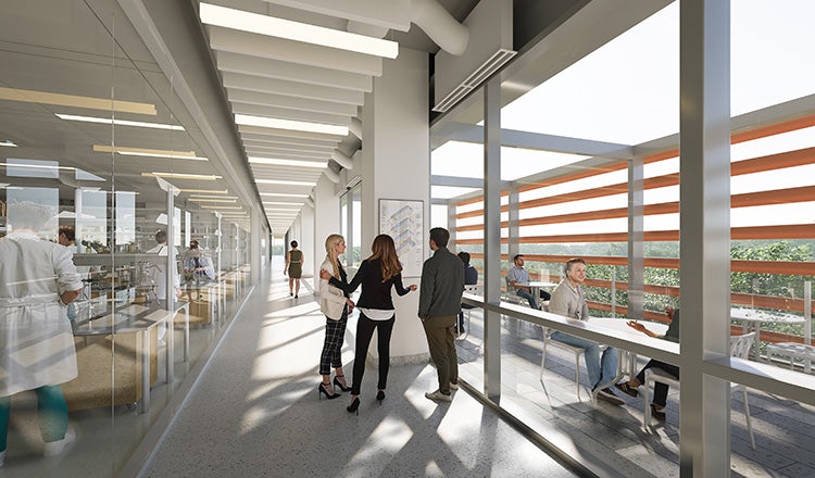 Rendering of people talking outside of a lab in a corridor area
